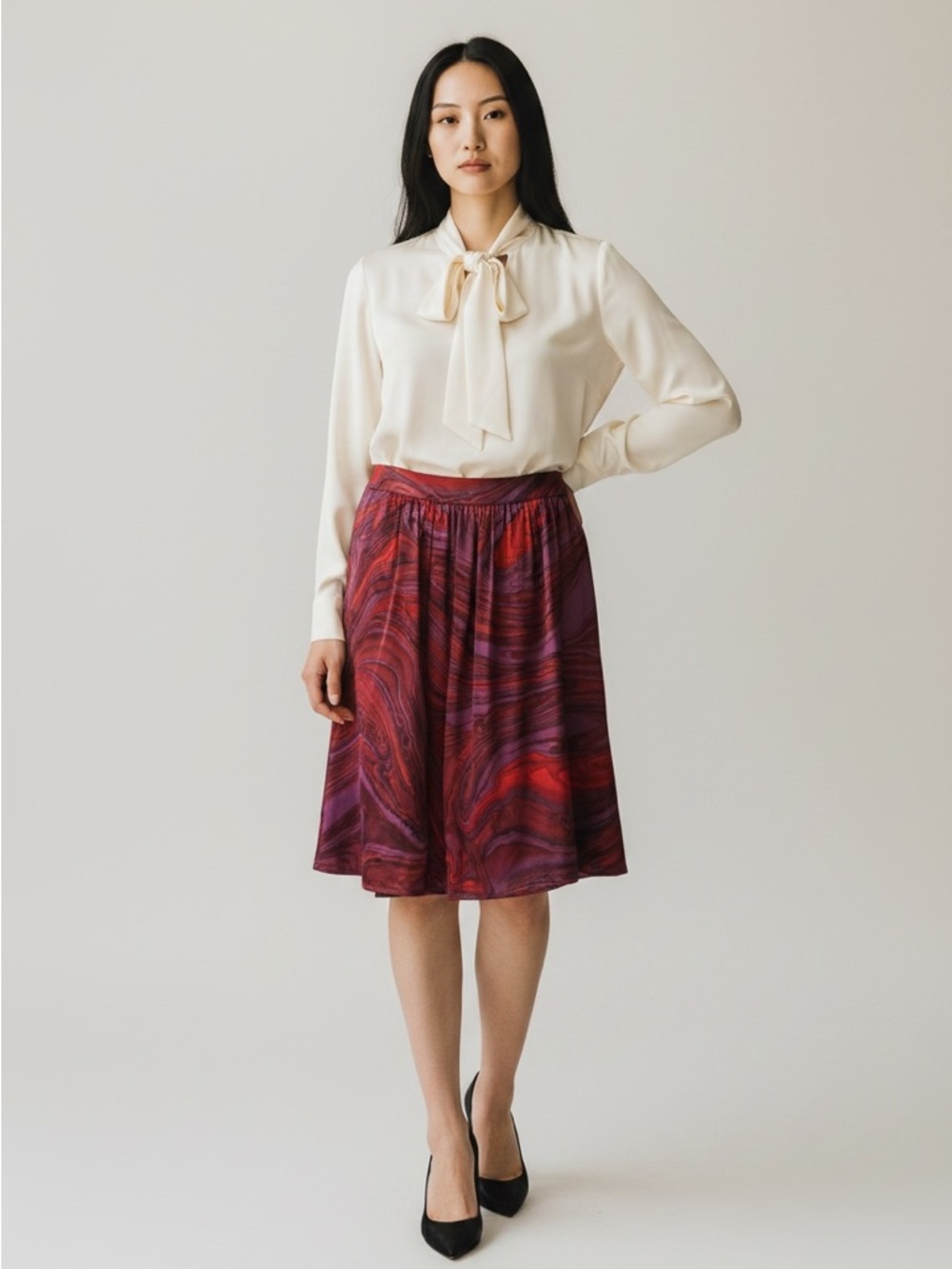 Etro Marble-Print Midi Skirt in Red and Purple